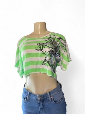 Rue21 Green and White Striped Floral Crop Top